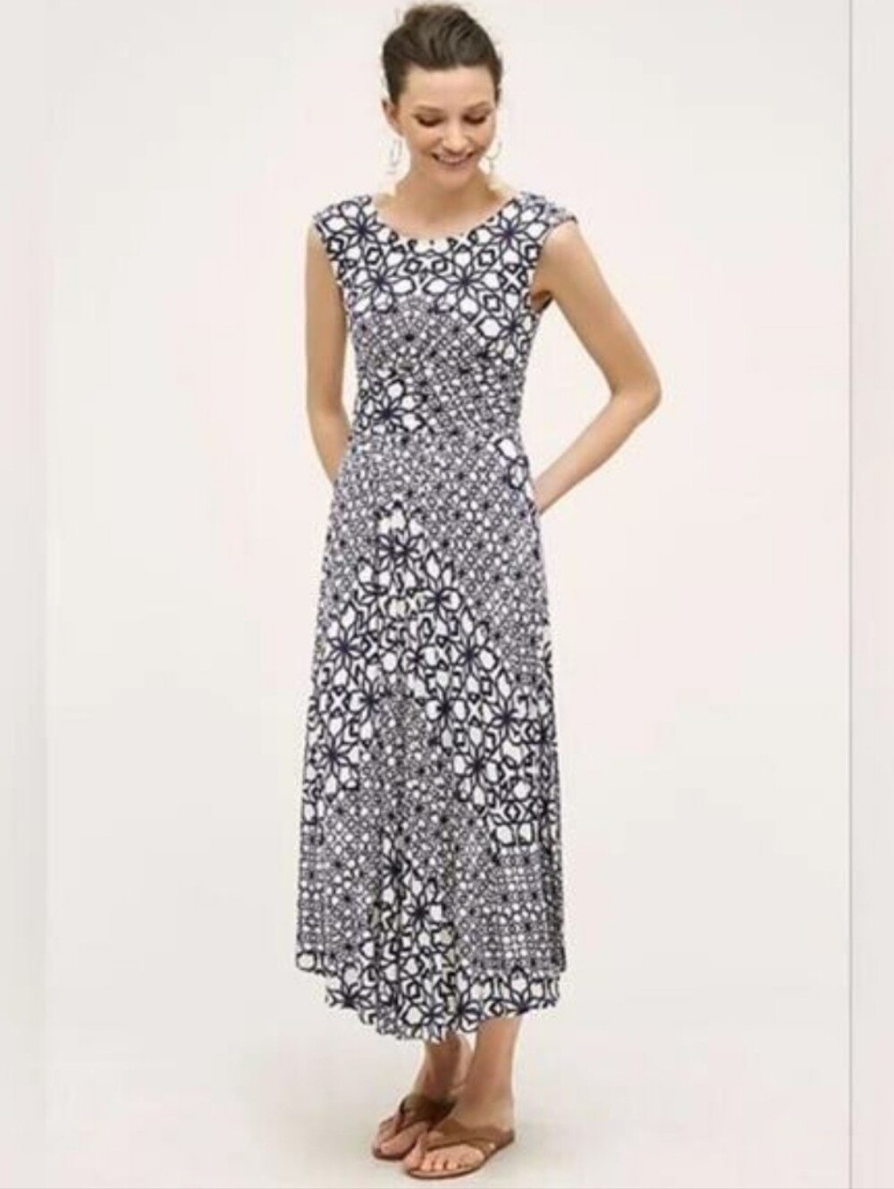 Anthropologie Maeve Soft Scoop Neck Blue White Geometric Tea Dress Mallorca.